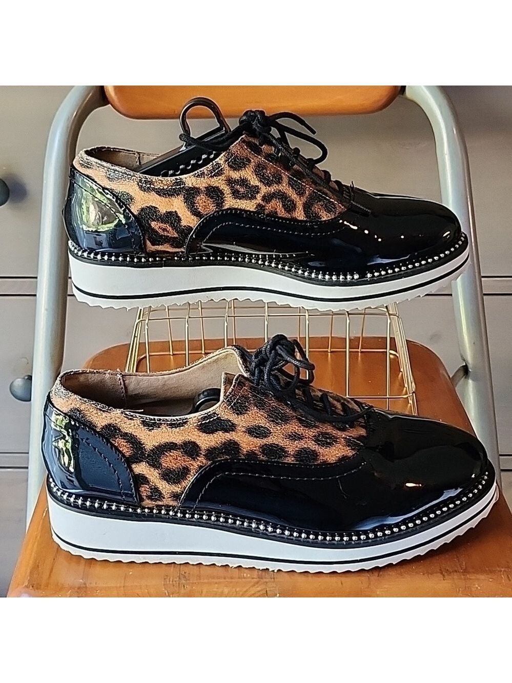 Torrid Plus Size Platform Oxford Black and Leopard Faux Leather Shoes Size 7.5 W - Picture 2 of 8